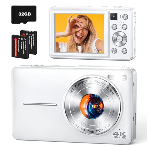 4K Digital Camera, 64MP Autofocus Vlogging Camera with Front Rear Lens, Flash, 16X Zoom, Anti-Shake, 32GB Card, Compact Point Shoot Camera for Teens Adult Beginner Travel Photography(White)