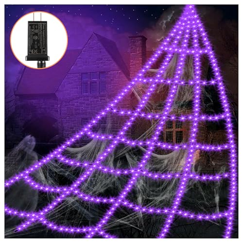 Halloween Decorations Outdoor Spider Web Lights - 16.4Ft Light Up Spider Web with 550 LEDs, Waterproof, 8 Modes Memory Function for Outdoor Yard Halloween Decorations (with Spider)