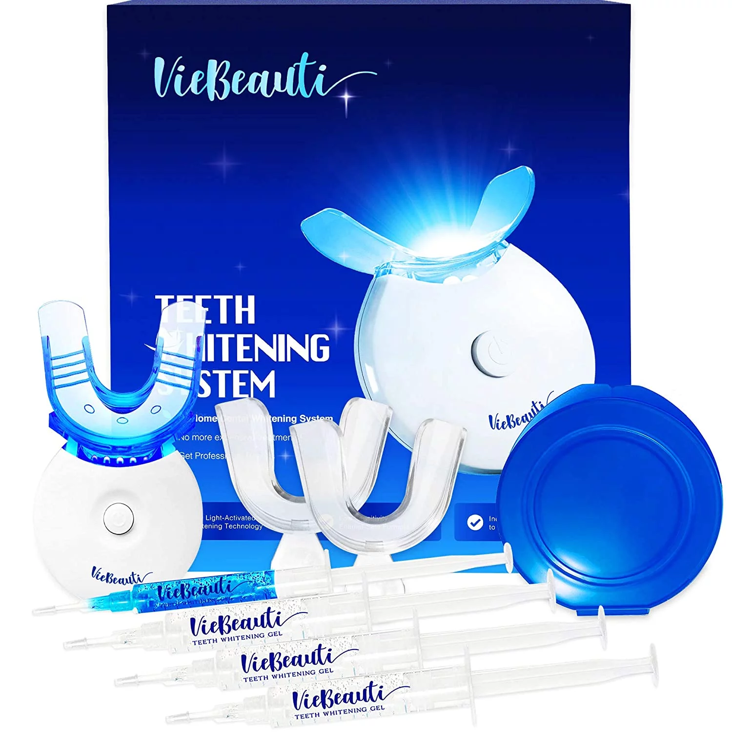 VieBeauti Teeth Whitening Kit - 5X LED Light Tooth Whitener with 35% Carbamide Peroxide, Mouth Trays, Remineralizing Gel and Tray Case - Built-in 10 Minute Timer Restores Your Gleaming White Smile