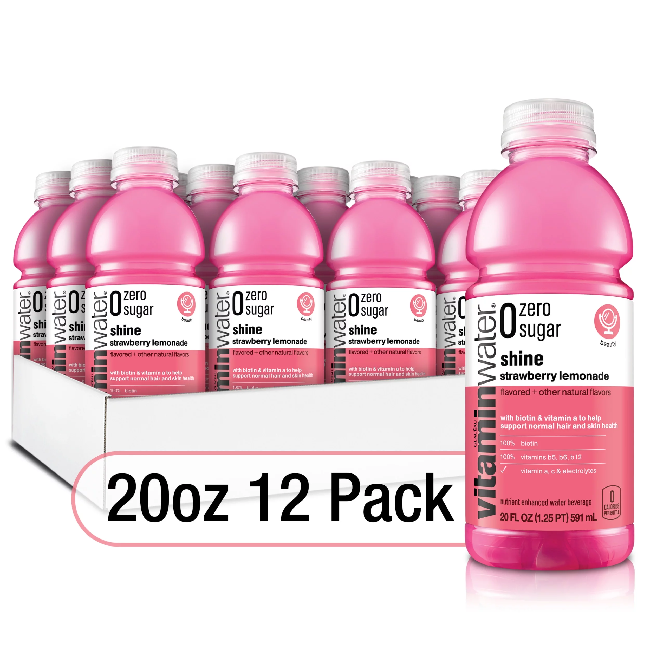 vitaminwater zero sugar shine, electrolyte enhanced water w/ vitamins, strawberry lemonade drinks, 20 fl oz, 12 Pack