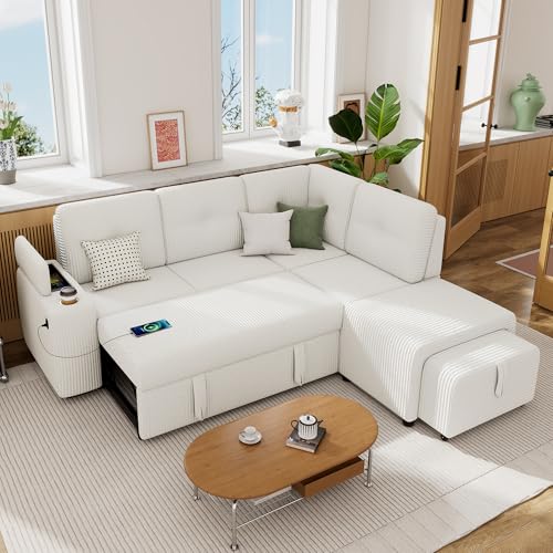 Reversible Sectional Sofa Couch, Sleeper Sofa Bed with Storage Chaise Convertible Pull Out Couch for Living Room Chenille Upholstered L Shaped Sofabed w/ Pillow Armrest for Living Room Apartment