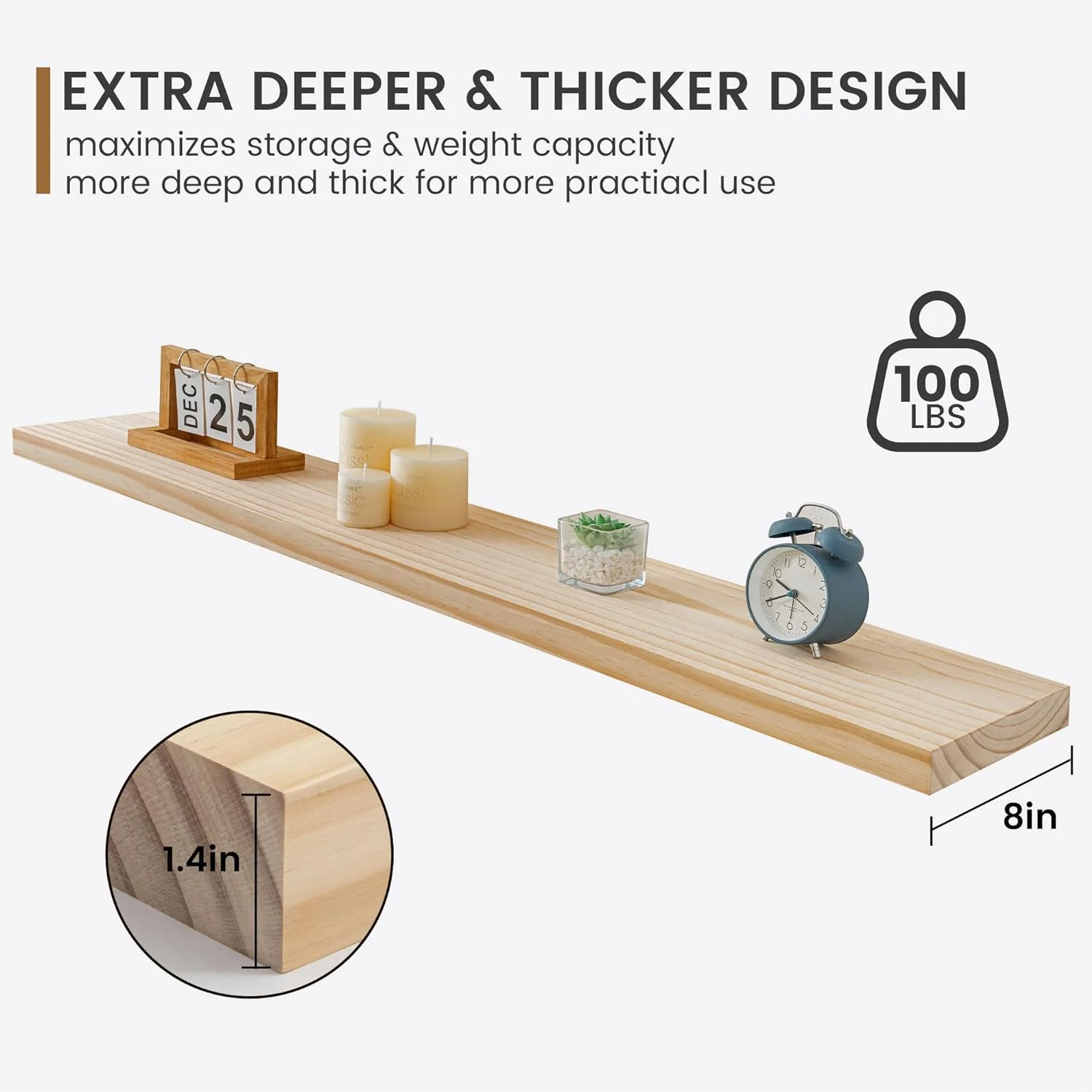 48 Inch Fireplace Mantel - 8 Inch Deep Rustic Premium Solid Pine Wood Floating Shelf - Farmhouse Wall Mounted Display Shelf - Heavy-Duty Metal Bracket - 48