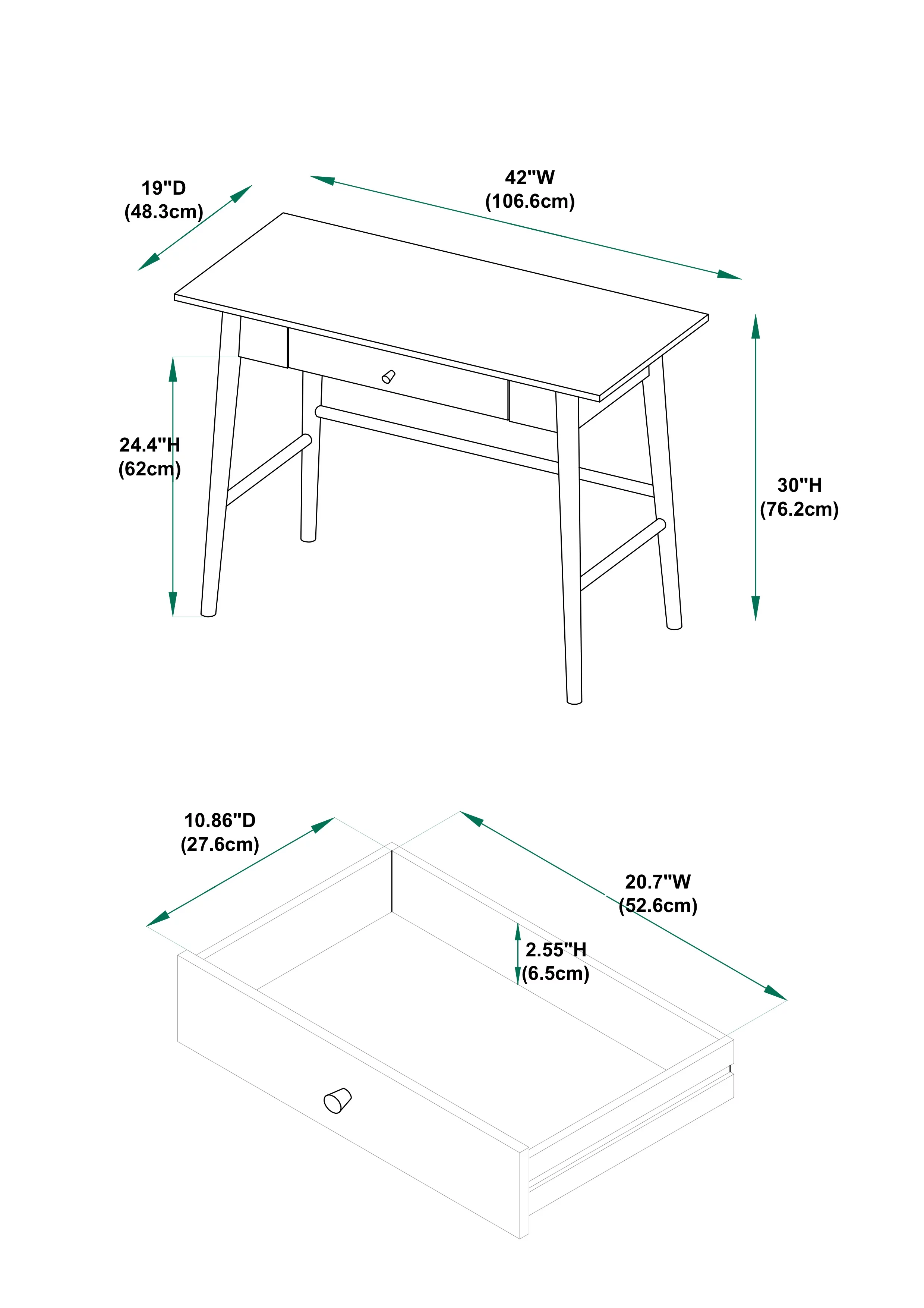 Linon Ashville Single Drawer Mid-Century Writing Desk, 42