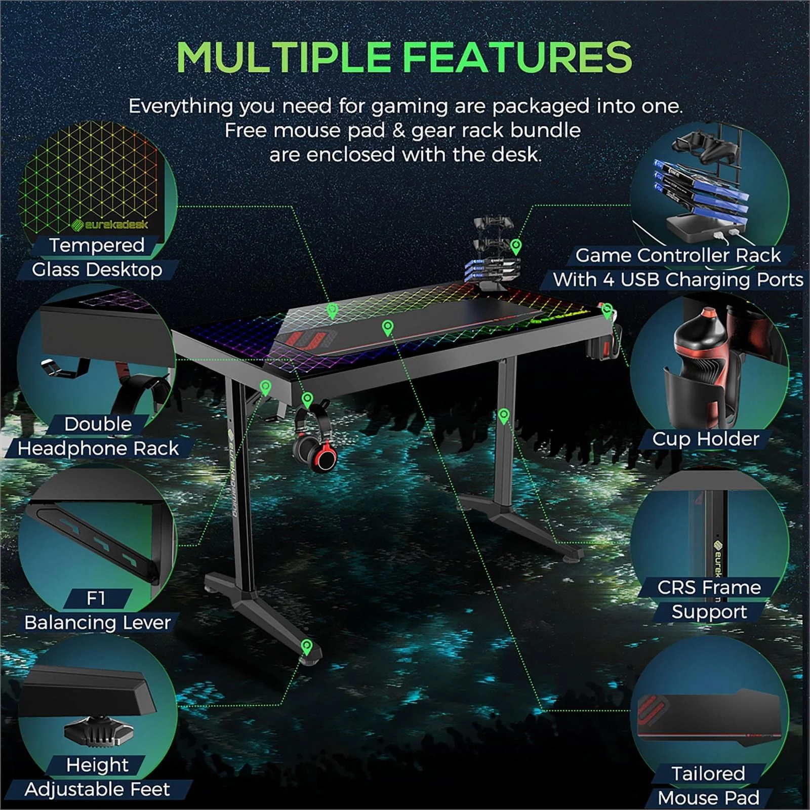 Pemberly Row Modern Metal Gaming Desk with Tempered Glass Top in Black