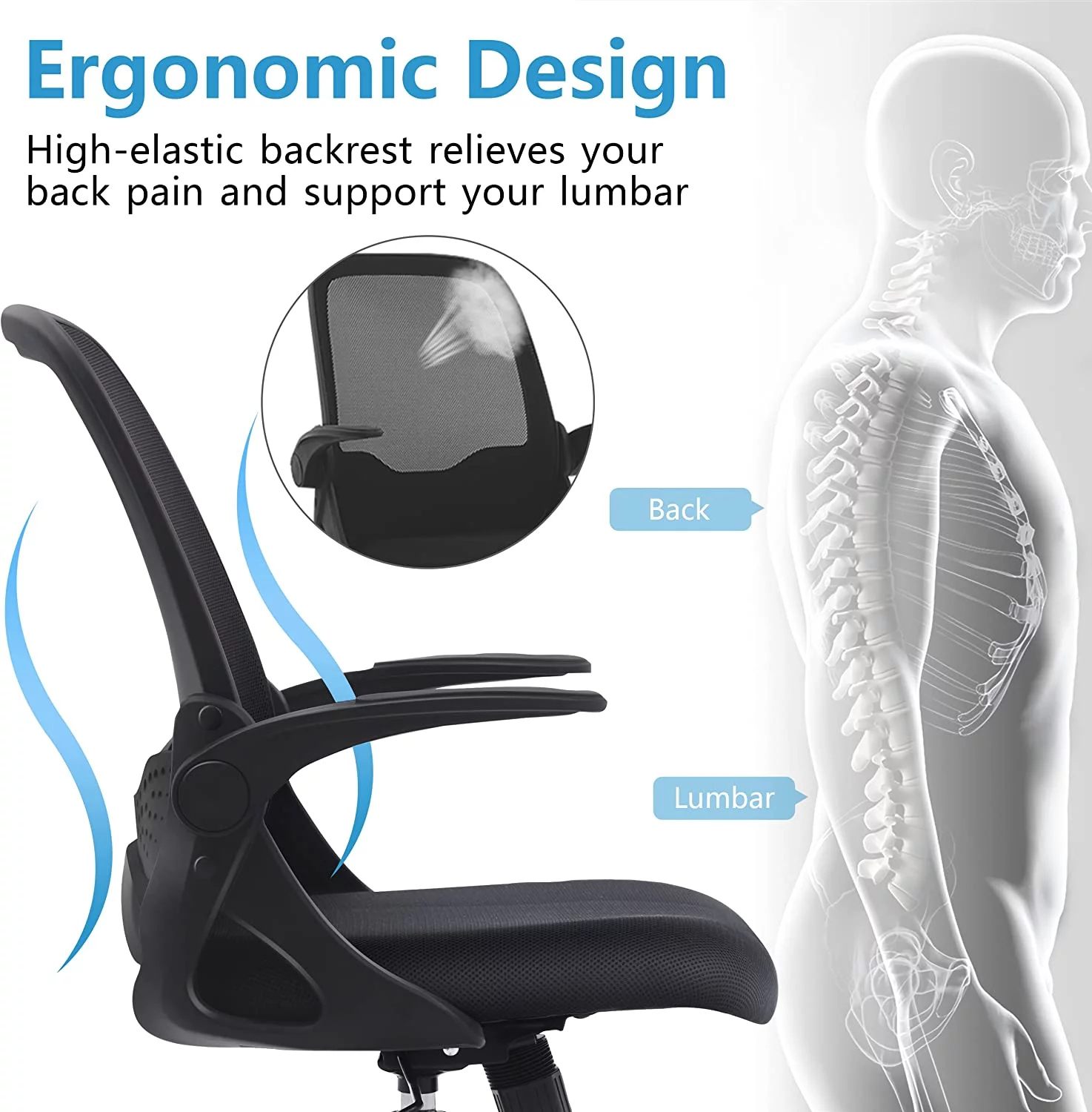 AMZFUN Office Chair,  Ergonomic Desk Chair, Breathable Mesh Computer Chair with Flip-up Armrests and Adjustable Height, Black