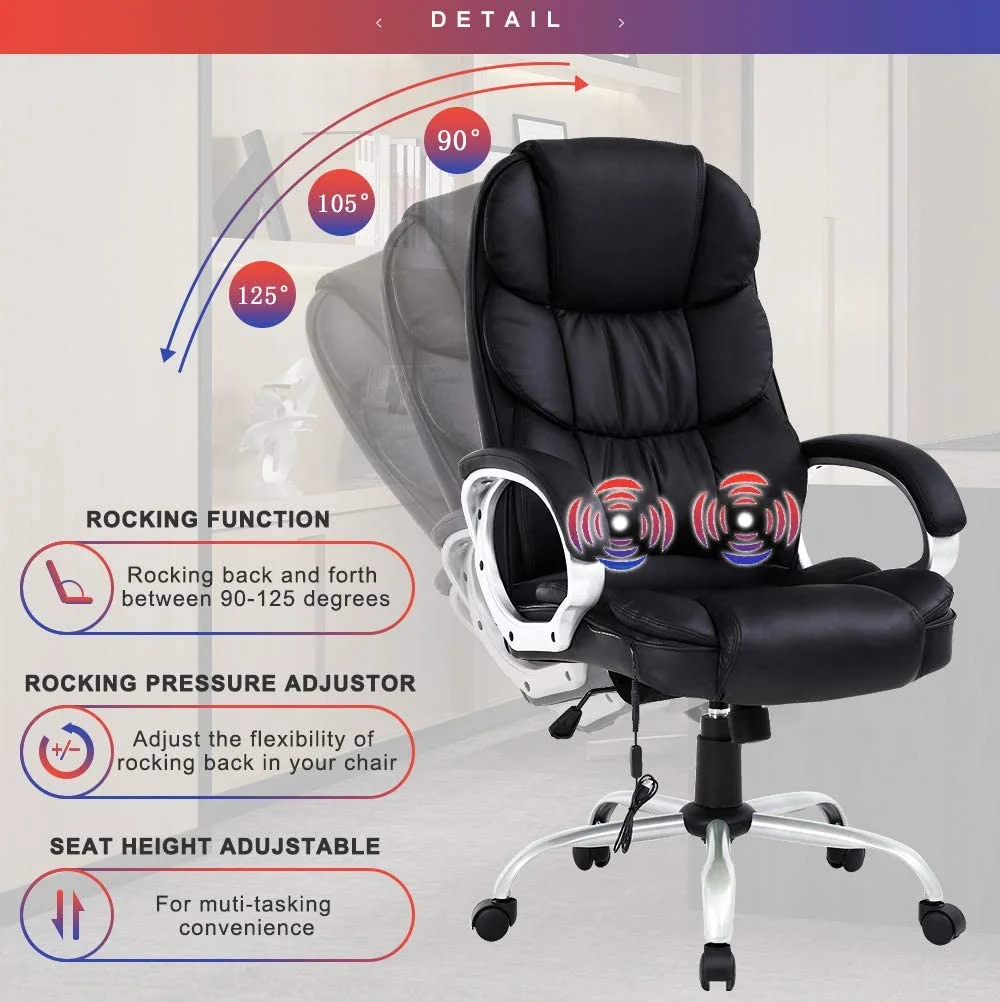 Dkelincs Executive Office Chair Big and Tall Leather Computer Chair Ergonomic Massage Desk Chair Heavy Duty Swivel Task Chair High Density Sponge Seat & Back Chair with Padded Armrest