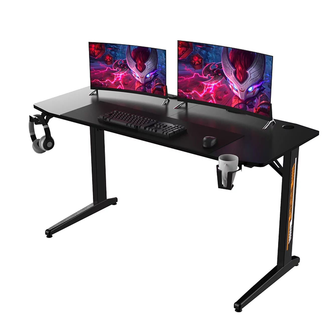140x65x75cm Ergonomic Gaming Desk, T Shaped Office PC Computer Desk,with Headphone Holder,Cup Holder,Black Panel,Mouse Pad