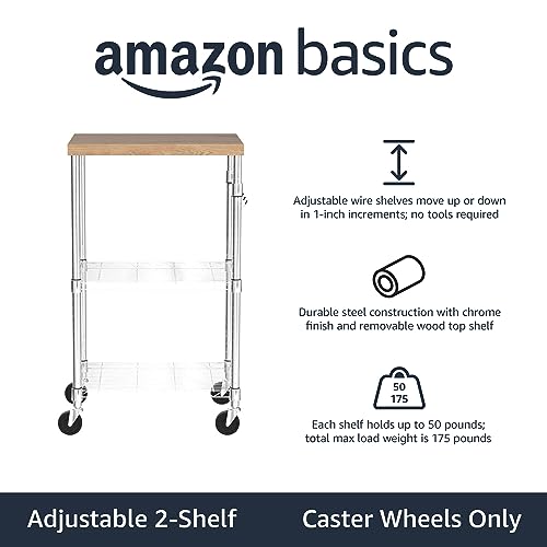 Amazon Basics Portable Kitchen 3-Tier Storage Rack on Caster Wheels with Adjustable 2 Shelves, 175 Pound Capacity, 21 x 15 x 36.7 inches (LxWxH), Wood/Chrome