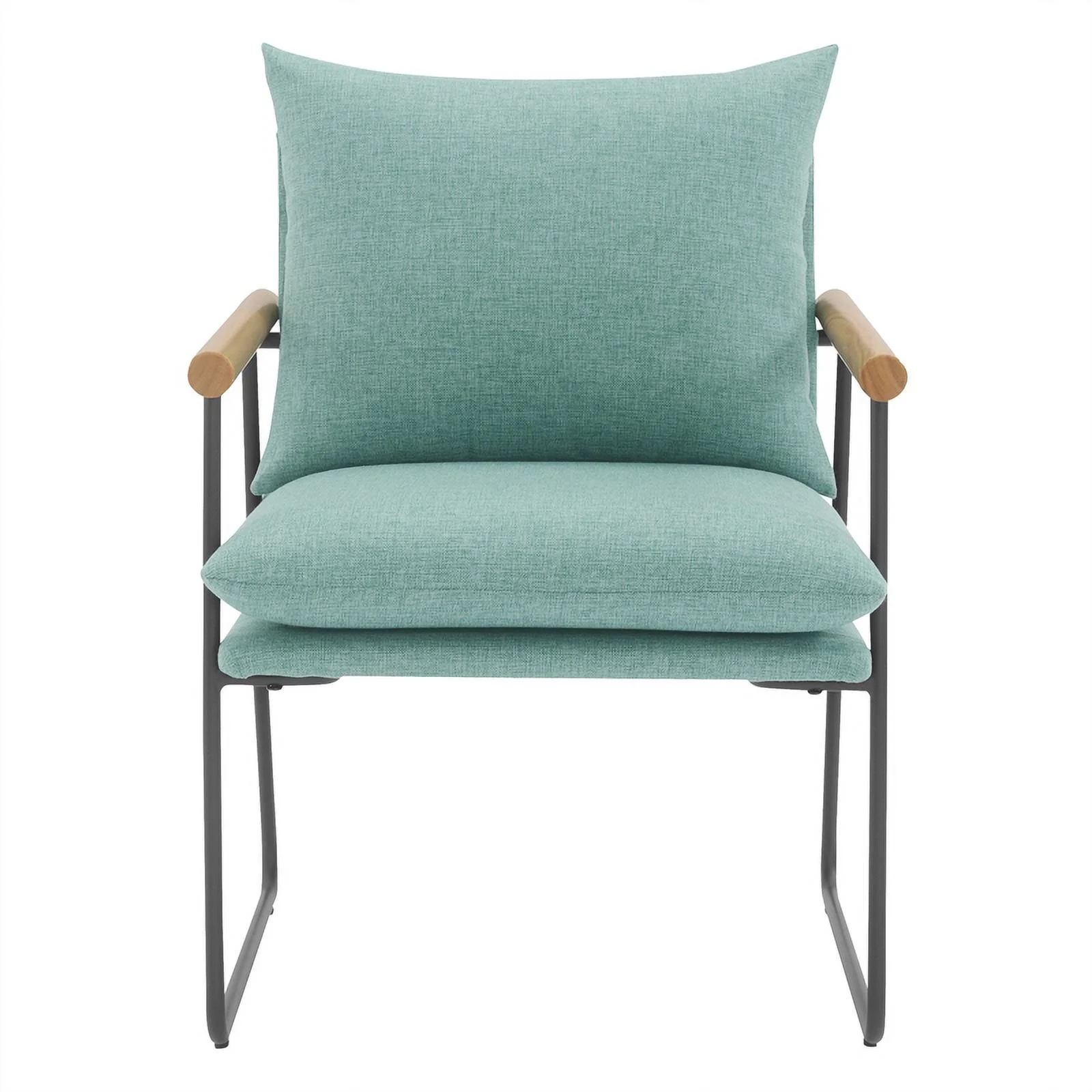 Dutton Armchair in Sage Green Fabric with Natural Arms and Black Sled Base