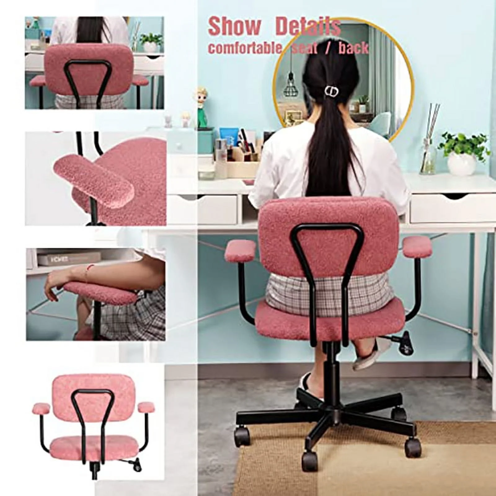 JJS Low Back Velvet Fabric Home Office Computer Chair with Armrest in Pink