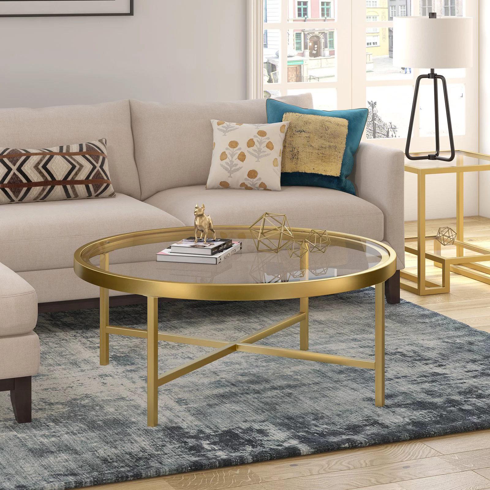 Henn&Hart Round Metal Base Coffee Table in Brass and Gold