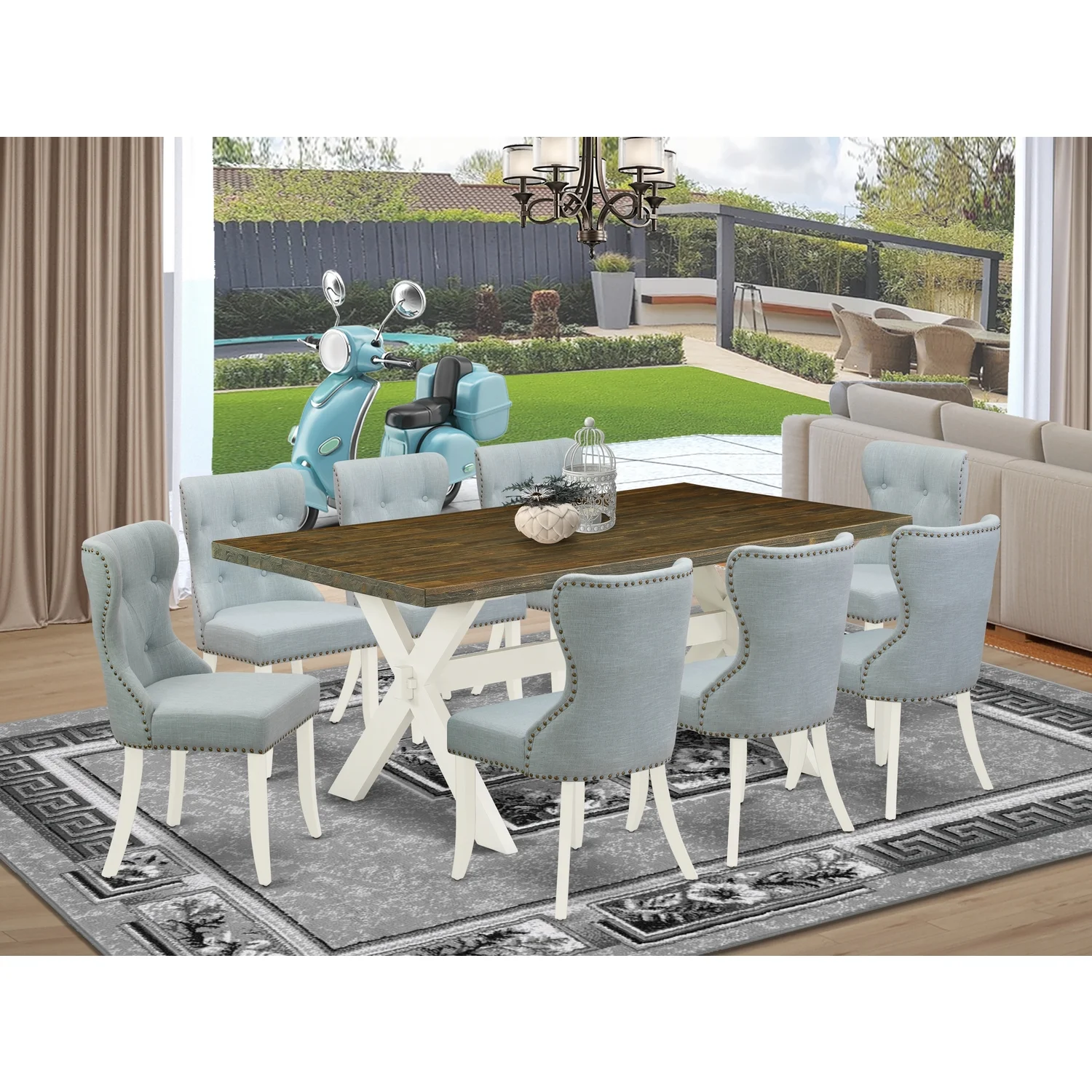 East West Furniture  9 Piece X-Style Modern Dining Table Set - Linen White