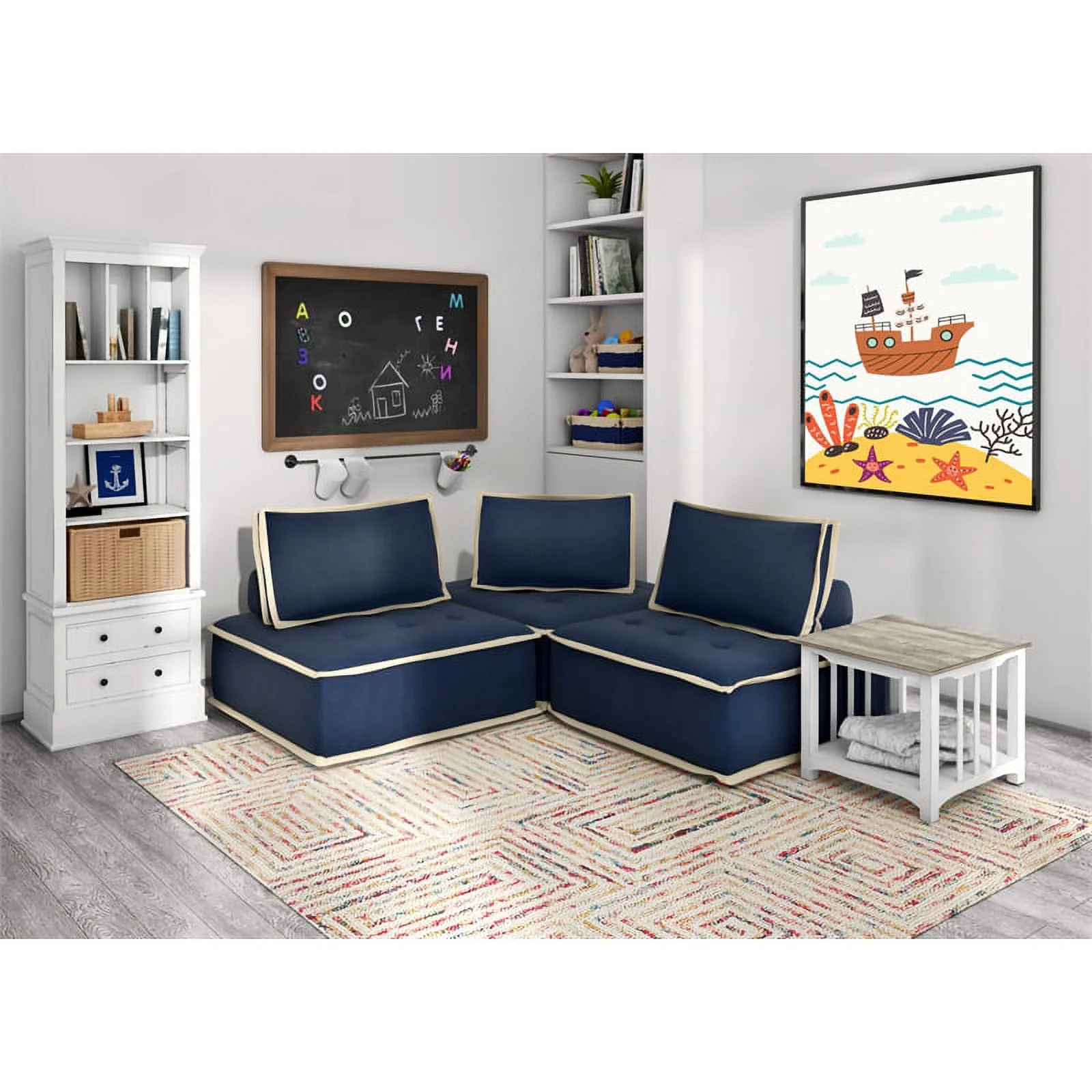 Pixie 4Pc Sectional Module Sofa/Speaker Console USB Storage/Blue/Cream Fabric