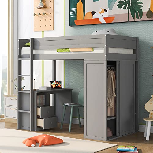 Harper & Bright Designs Full Size Loft Bed with Built-in Wardrobe, Desk, Storage Shelves and Drawers, Solid Wood Loft Bed Frame, Gray