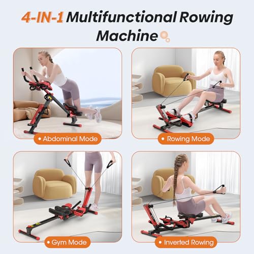 Rowing Machine, 4 in 1 Rowing and Ab Machine with 2 Levels of Workout Resistance, Quiet & Foldable Rower Machine with 3 Adjustable Handle Heights & LCD Monitor, Row Machine for Home Exercise