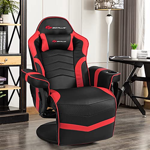 POWERSTONE Gaming Recliner Massage Gaming Chair with Footrest Ergonomic PU Leather Single Sofa with Cup Holder Headrest and Side Pouch, Adjustable Living Room Chair Seating, Black