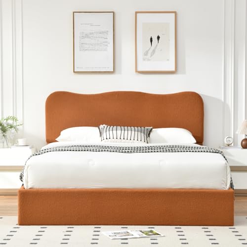 VELOCAVA Queen Size Lift-Up Storage Bed, Upholstered Boucle Bed with Curved Headboard, Rounded Corners, Sturdy Wooden Slat Support, No Box Spring Needed, Easy Assembly, Cream White