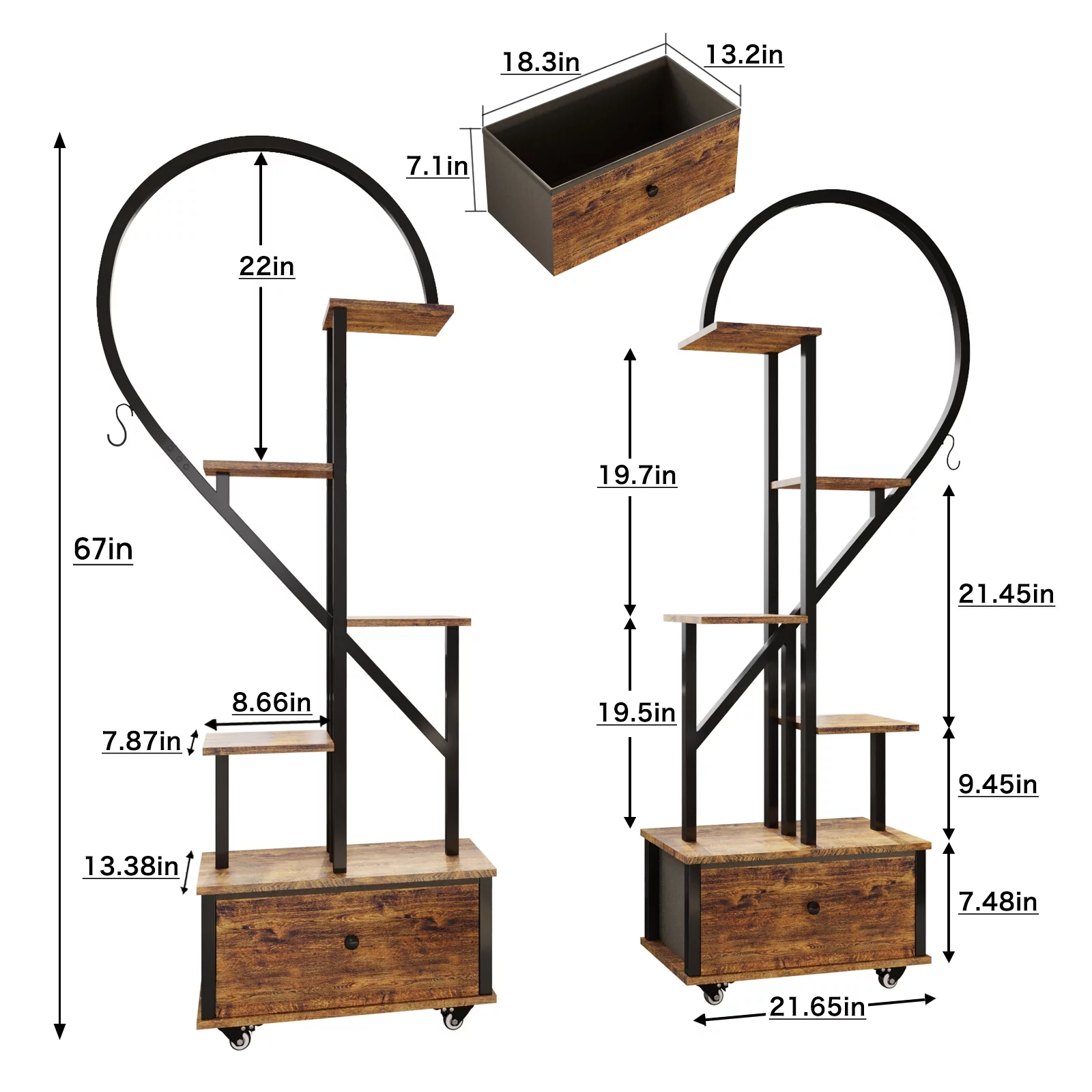 Walsport 6 Tier Plant Stand Indoor,Heart-Shape Plant Shelf with Drawer&Roller,Metal with Wood Plant Shelf for Home Decor,2pcs
