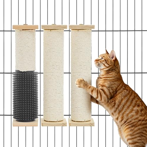 Aliceset 3 Pack Cat Scratching Post for Crate Cage 13 Inch Wooden Sisal Cage Mounted Scratching Post with Self Groomer and Massager for Grinding Claws and Climbing