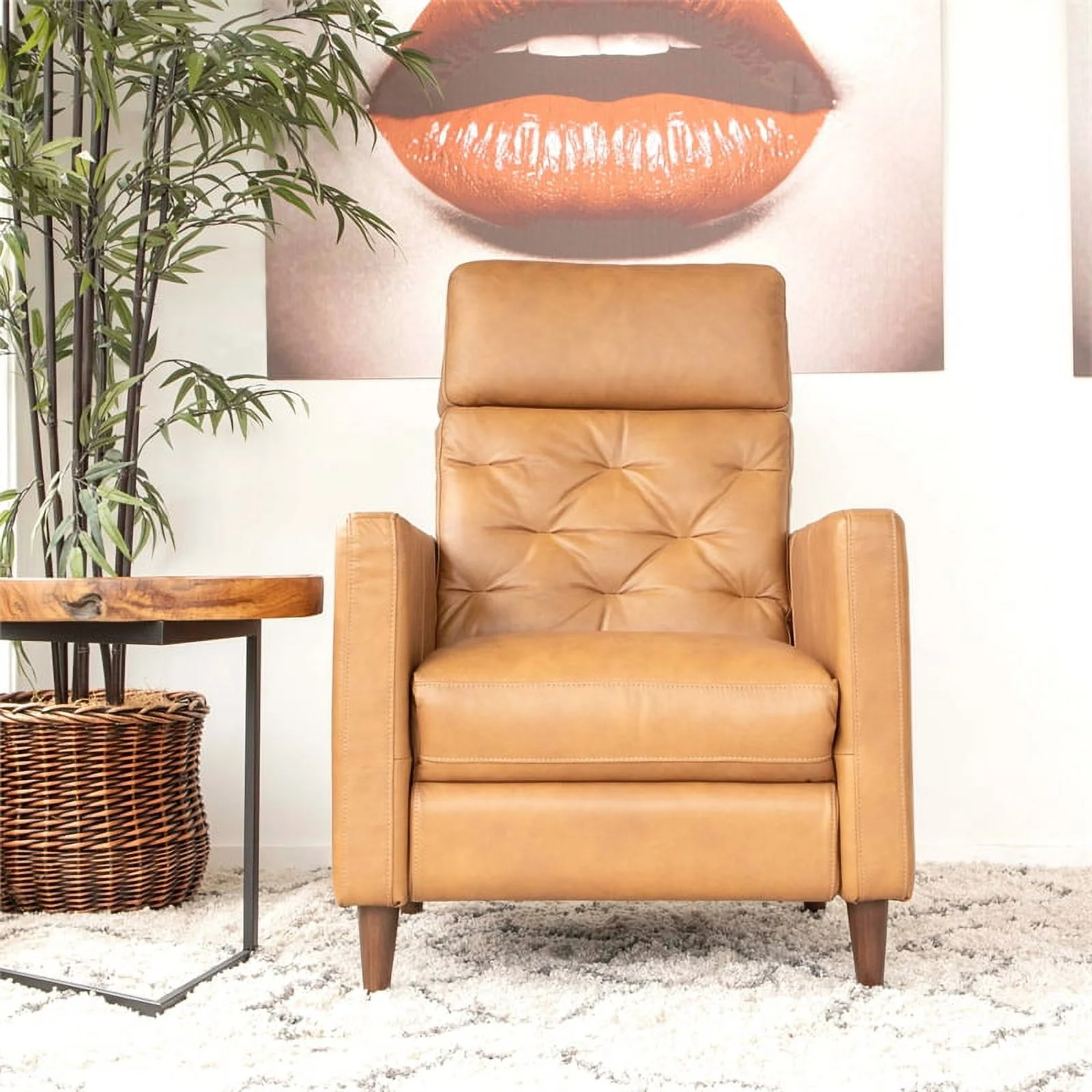 Felina Mid-Century Modern Tight Back Genuine Leather Recliner Chair in Tan