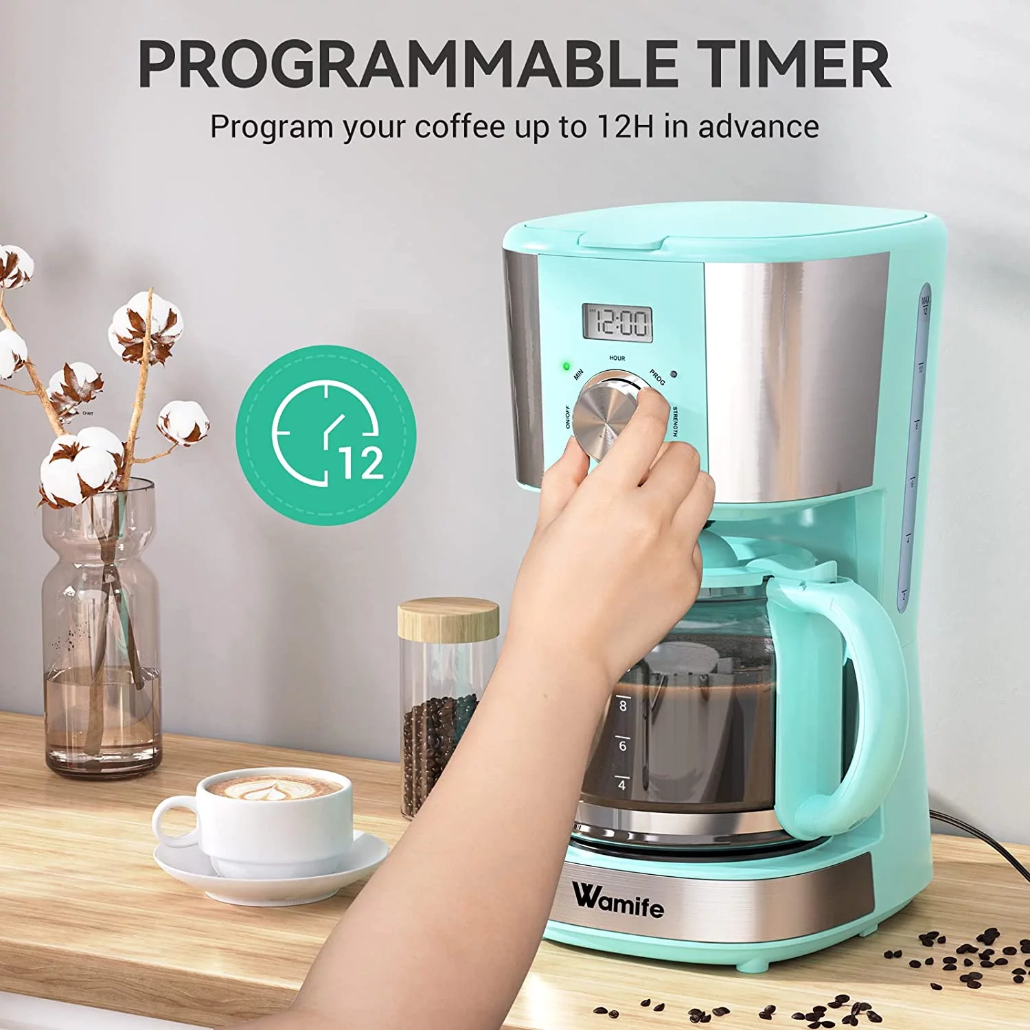 Wamife,12-Cup Programmable Coffee Maker, Wamife Drip Coffee Machine Coffee Brewer with Timer
