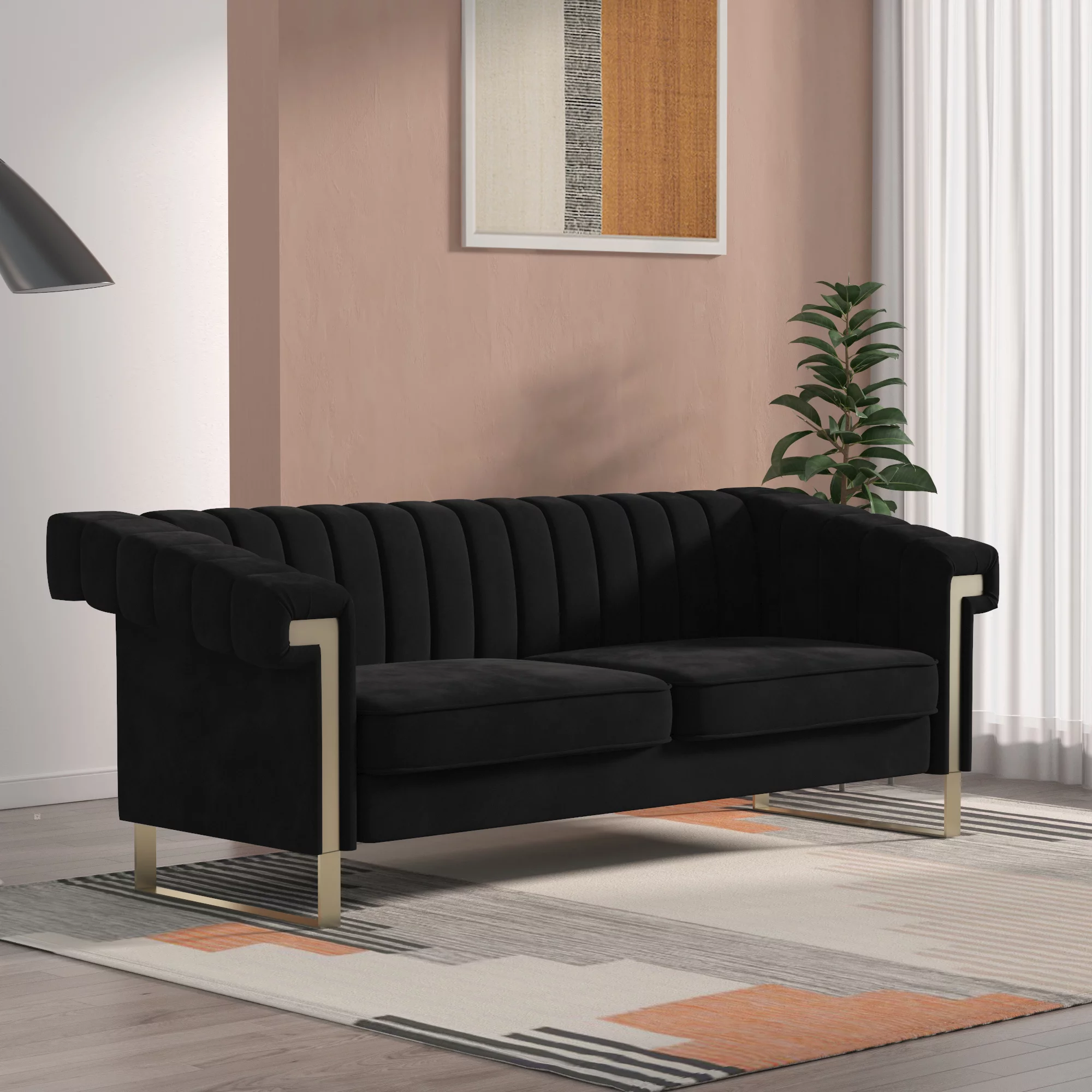 Magic Home 83.86 inch Chesterfield Sofa Modern Velvet Couch with Flared Arms and Removable Cushions Classic Sofa,Solid Wood Frame Gold Legs,Blue