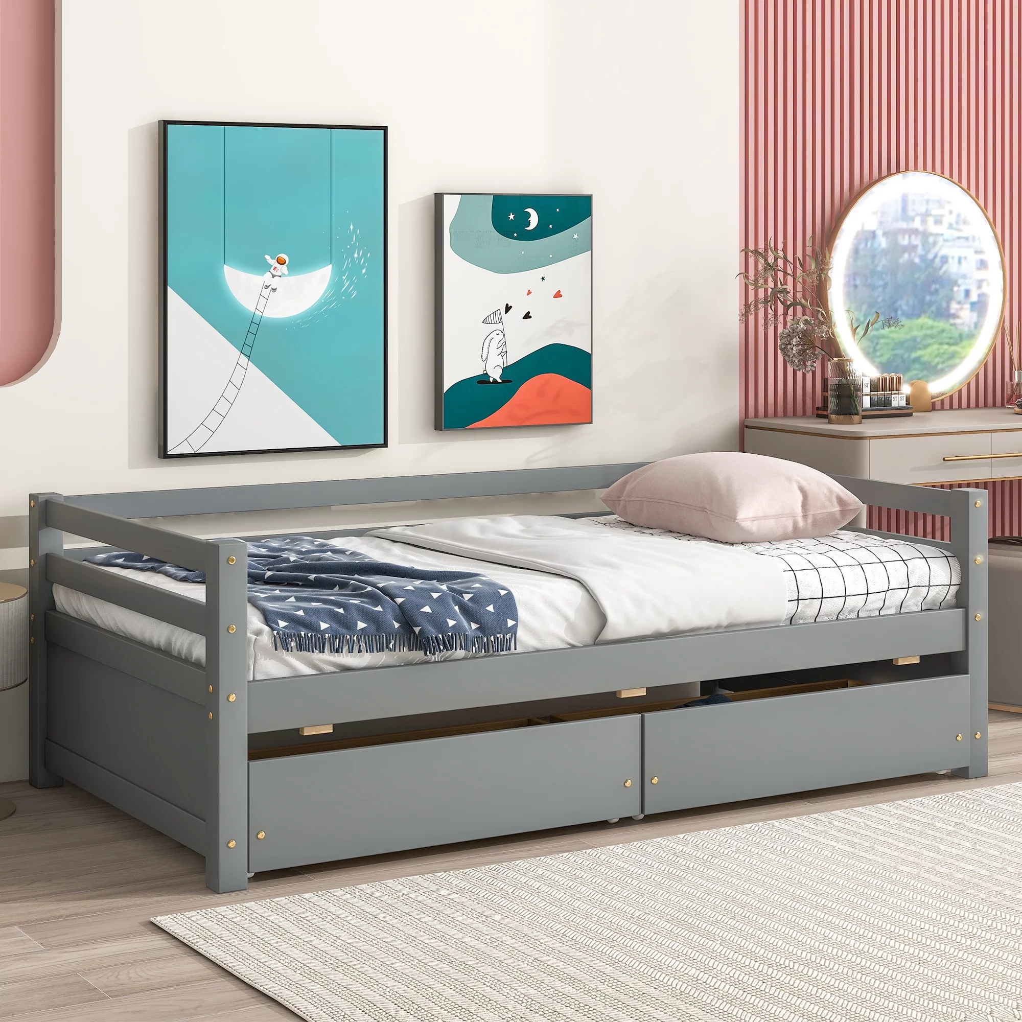 EUROCO Twin Wood Daybed, Sofa Bed with Two Drawers for Bedroom & Living Room, Gray