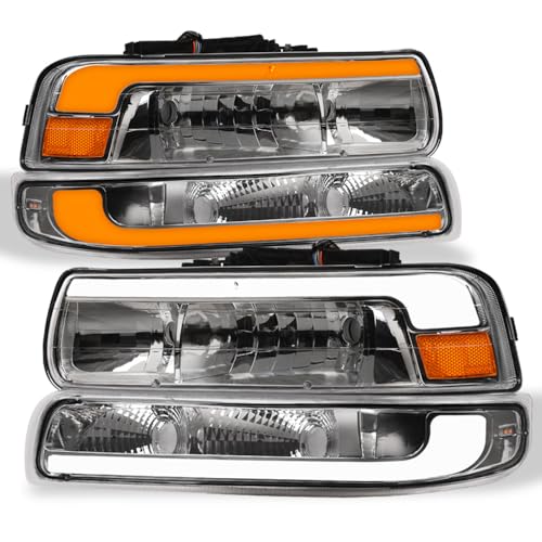 7422437170102 Compatible With 1999-2002 Chevy Silverado / 2000-2006 Suburban Tahoe Switchback Sequential LED Strip Bar Black Housing Headlights With Signal Bumper Lamps Amber Reflector 4-Pieces
