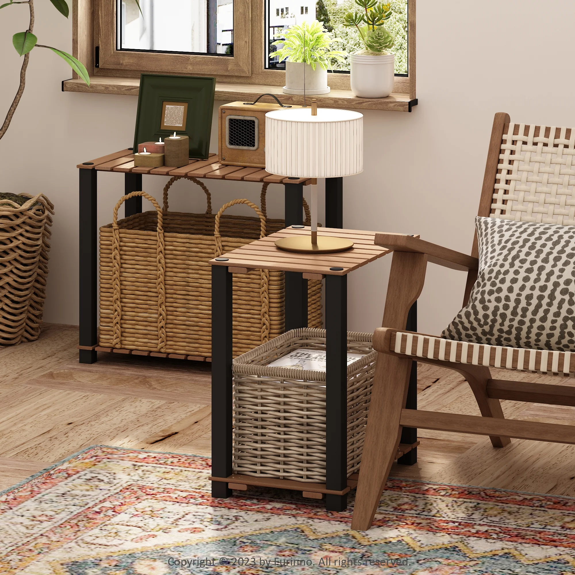 Furinno Turn-N-Tube 2-Tier Wood Slat Small Rectangle End Table with Open Shelves, Natural/Black