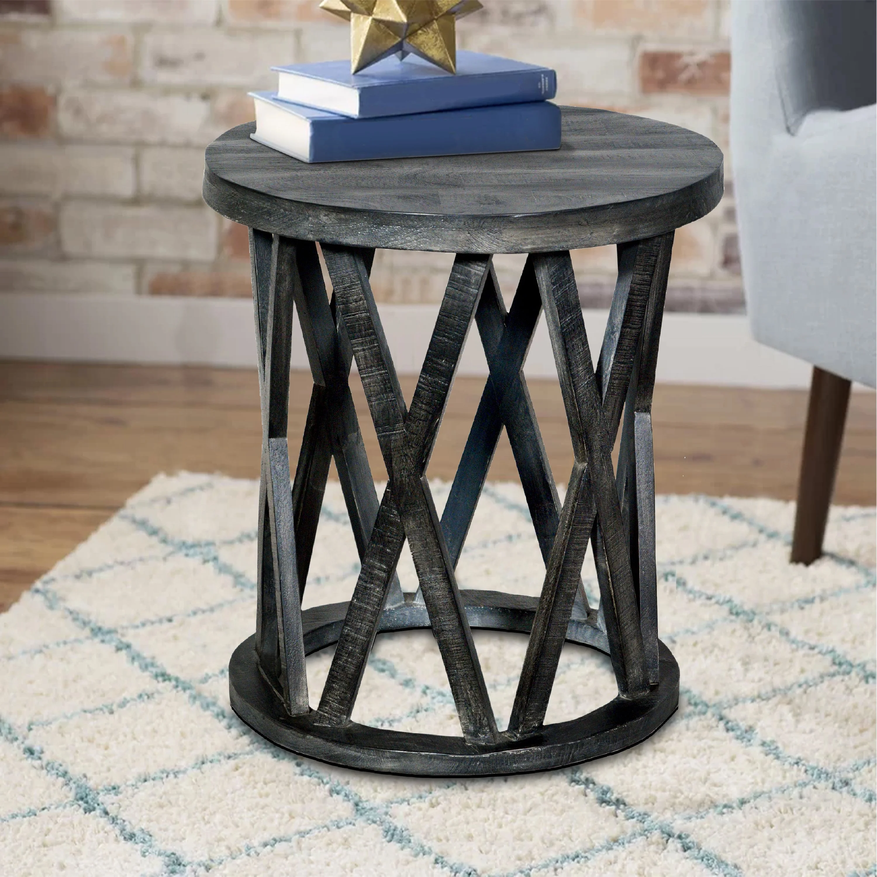22 Inch Farmhouse Style Round Wooden End Table with Airy Design Base, Dark Gray- Saltoro Sherpi