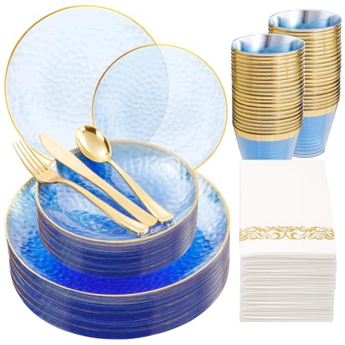 Rubtlamp 350 Pcs Clear Blue Plastic Plates, Blue Gold Plastic Dinnerware Set (50 Guests), Blue Disposable Plates With Gold Rim, Hammered Party Plates Set for Christmas Wedding And Party