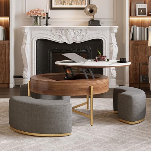Lift Top Coffee Table with Storage, Round Center Table with Hidden Storage and 3 Upholstered Nesting Ottomans, Space-Saving Design, Brown+Grey