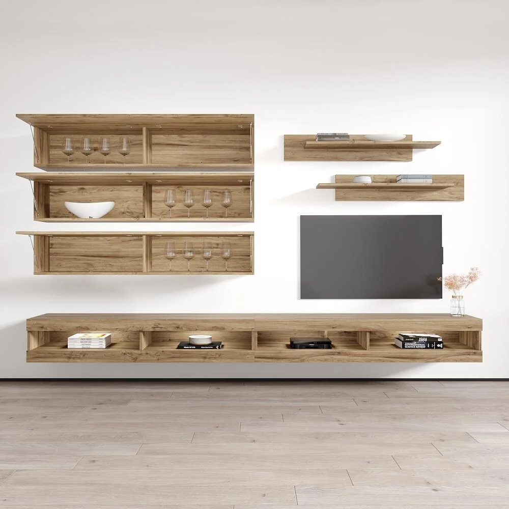 Meble Furniture Fly J1 34TV Wall Mounted Floating Modern Entertainment Center Oak