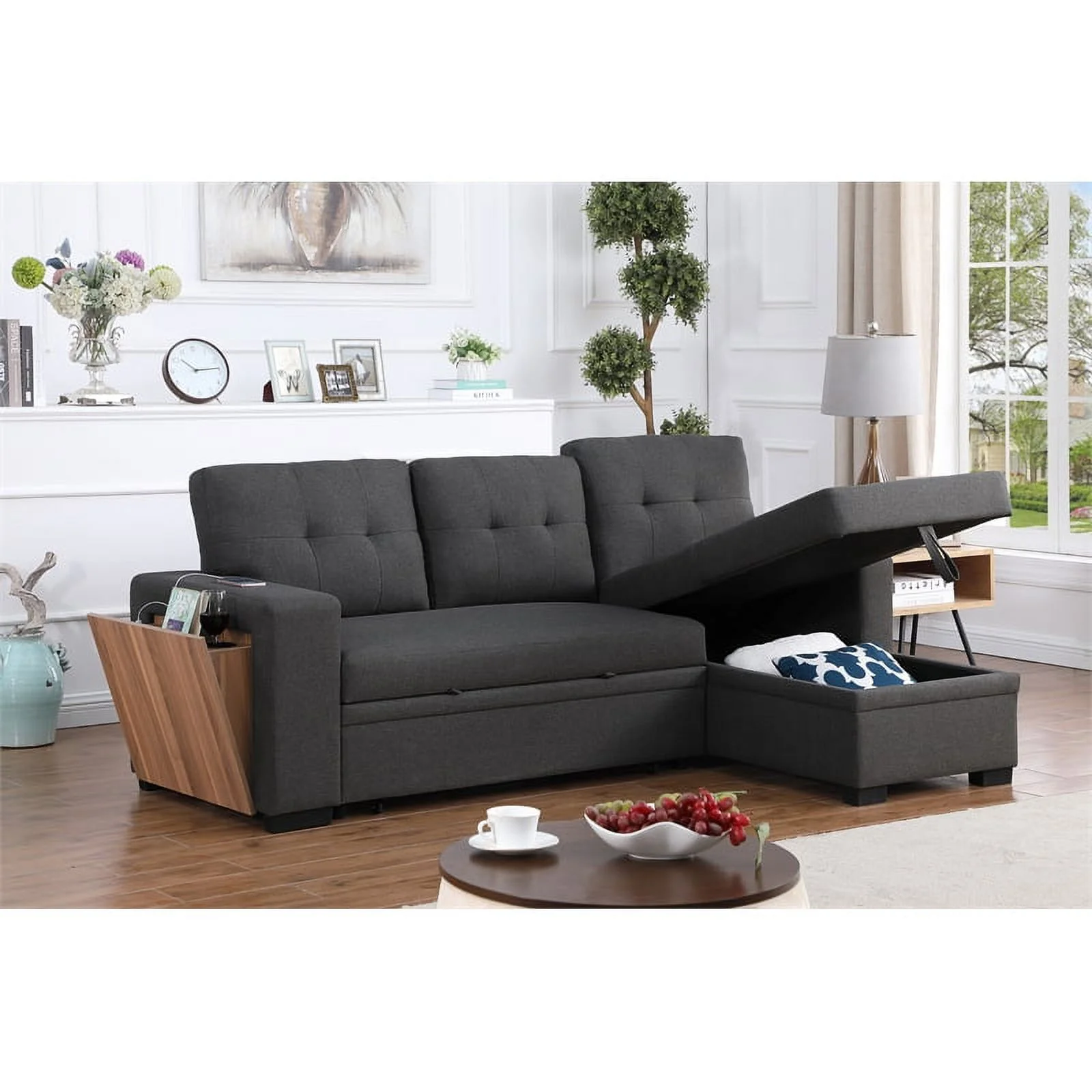 Pemberly Row Fabric Reversible Side Compartment Sectional Sofa Bed - Dark Gray