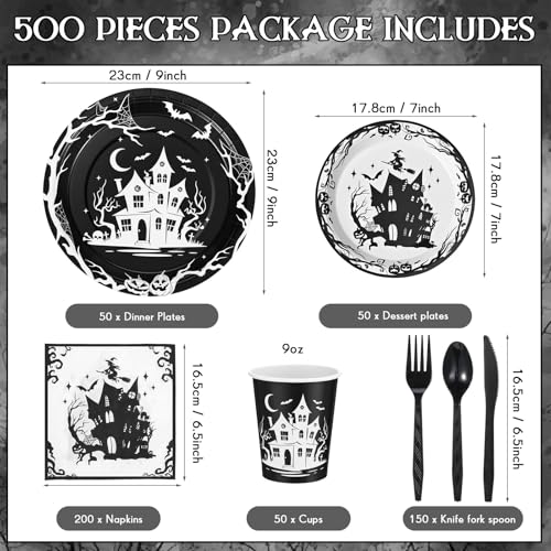 Maxdot 500 Pcs Halloween Party Supplies Spooky House Plates Cups Napkins and Cutlery Set Disposable Halloween Party Tableware Set for Day of the Dead Ghost Birthday Decoration Serves 50 Guests