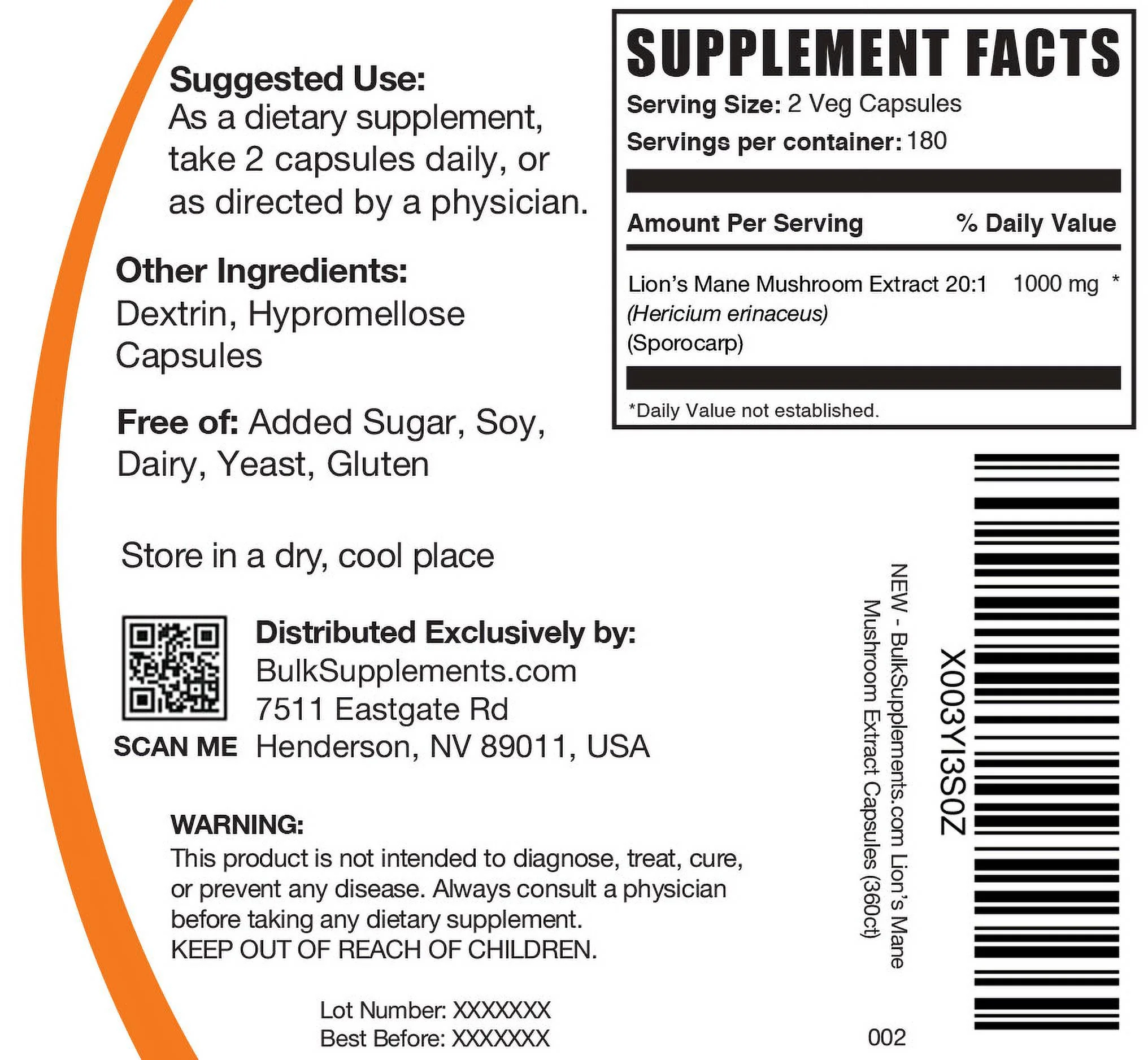 BulkSupplements.com Lion's Mane Mushroom Capsules (360 ct - 180 Servings)