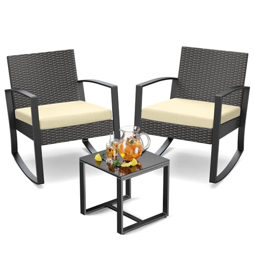 Noelse 3 Piece Wicker Patio Furniture Set, Outdoor Rocking Chairs, Outdoor Furniture with Table & Cushions, Patio Chairs for Balcony Porch, Gray