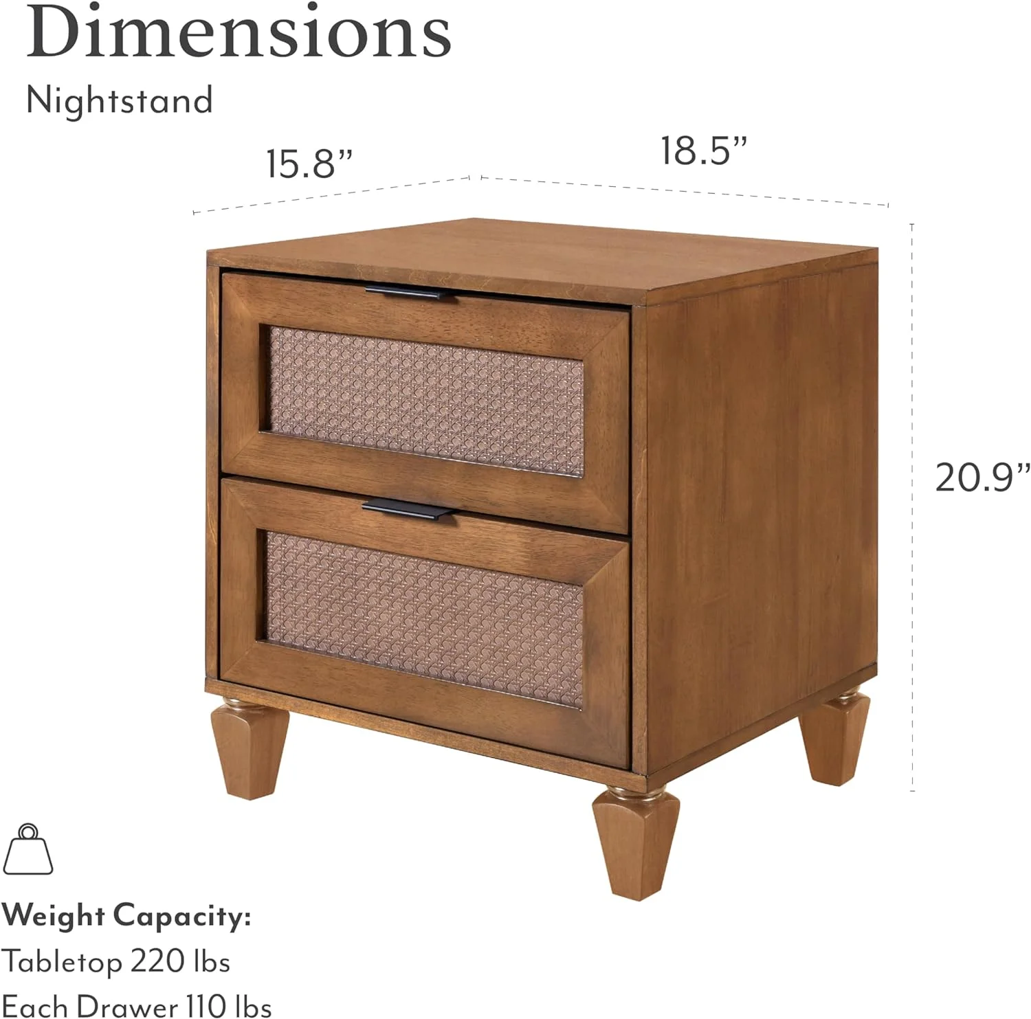 DG Casa Cove Rattan 2-Drawer Small Nightstand in Walnut with Mixed Materials & Detailed Leg Design