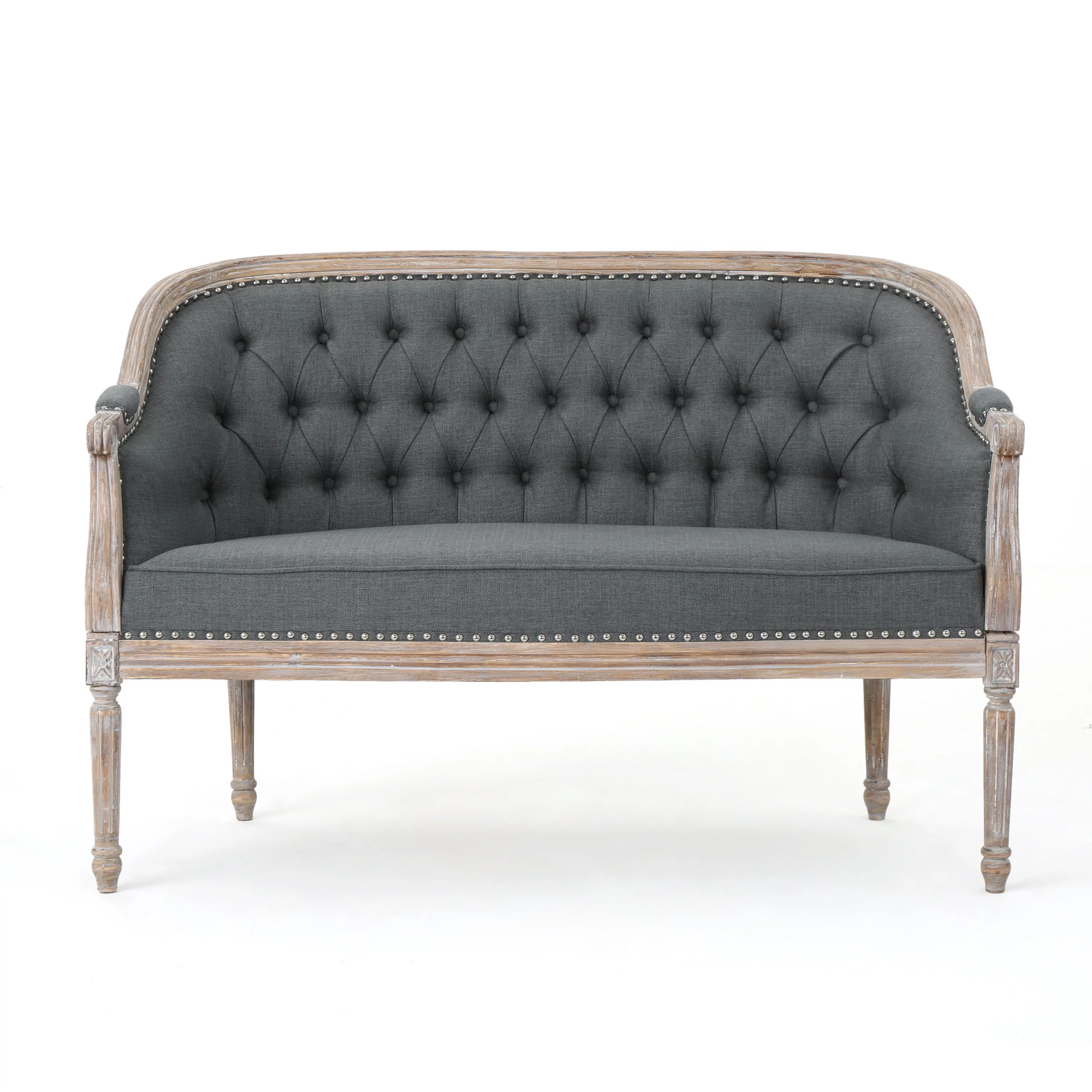 Noble House Sarahbella Fabric Loveseat with Nailhead, Dark Gray