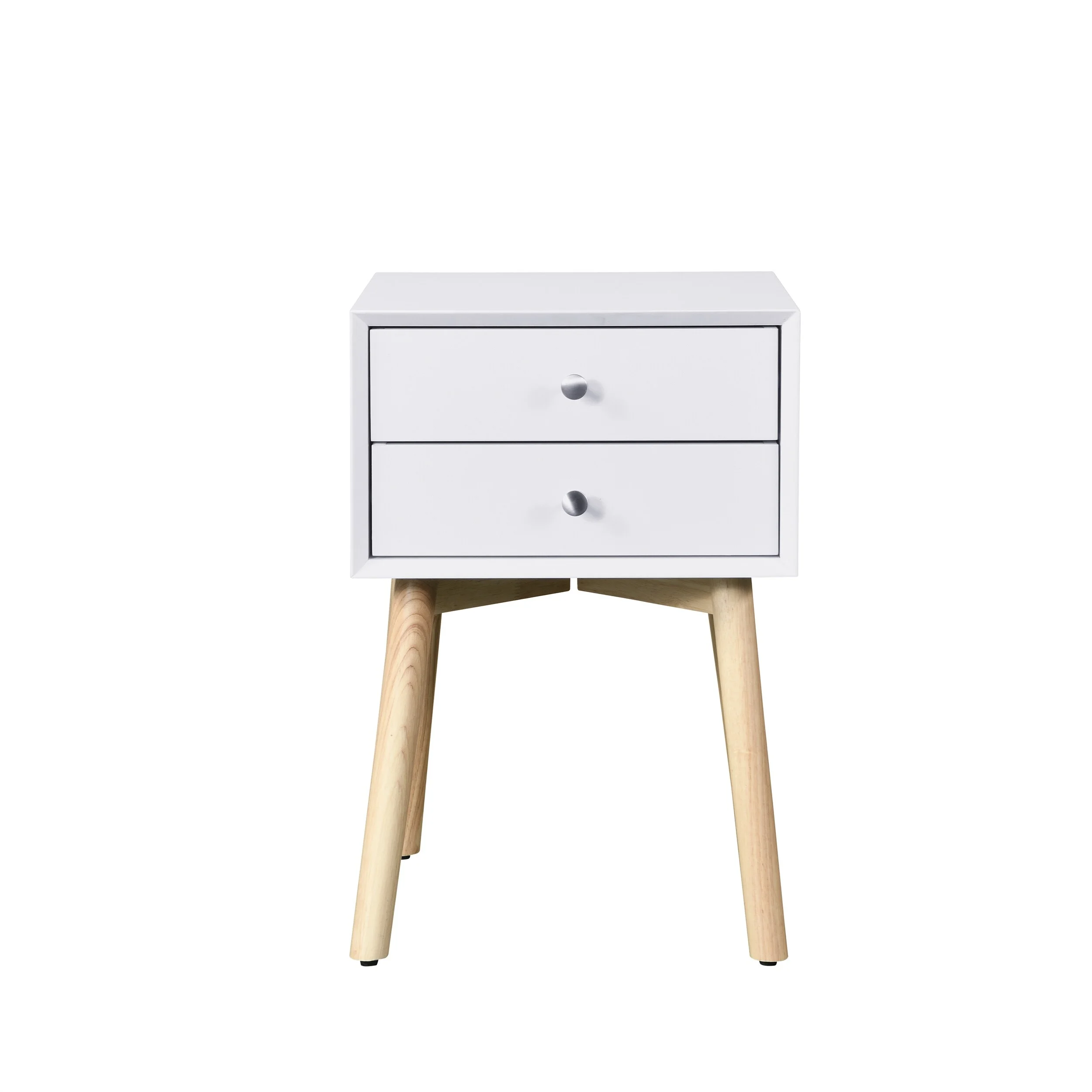 Side Table 2 Drawer Bedside Table Rubber Wood Legs, Storage Cabinet White