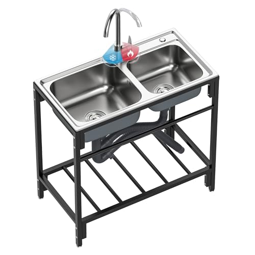 Outdoor Utility Sink Stainless Steel Double Bowl Sink Free Standing Commercial Restaurant Kitchen Sink with Hot and Cold Faucet for Laundry,Garage,Cafe Bar 32.7