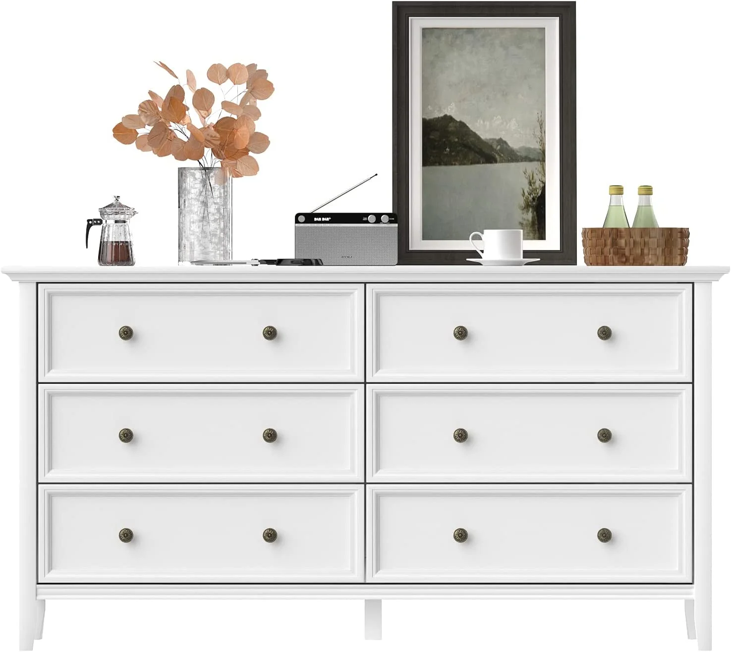 6 Drawer Double Dresser  55 inch Solid Wood Bedroom Dresser in White