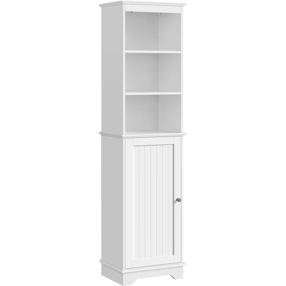 Topeakmart Tall Wooden Bathroom Floor Cabinet with Single Door and Shelves for Small Space, White