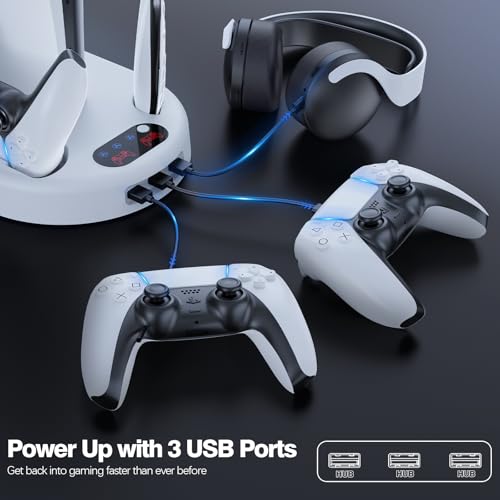 AMZDM Cooling Station PS5 Slim Stand PS5 Pro Cooling Fan with Charging Station PlayStation 5 Console Cooler with Docking Station Controller Charger PlayStation 5 Pro & Slim Disc & Digital White