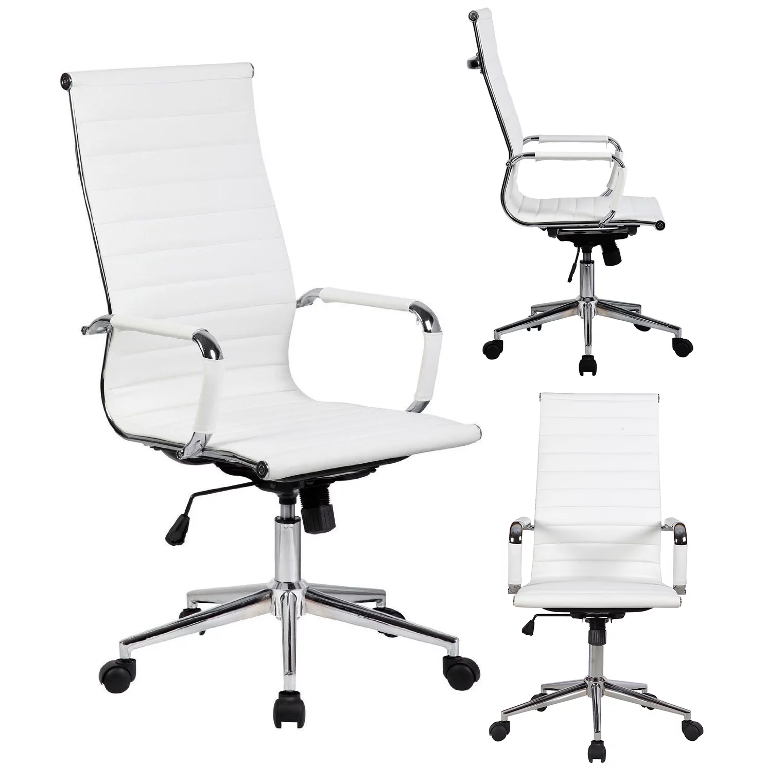 Homelala White Mid Century Modern High Back Ribbed PU Leather Tilt Adjustable Ergonomic Office Chair With Padded Arms Arm Rest Wheels Desk Task Back Support Lumbar Swivel Design