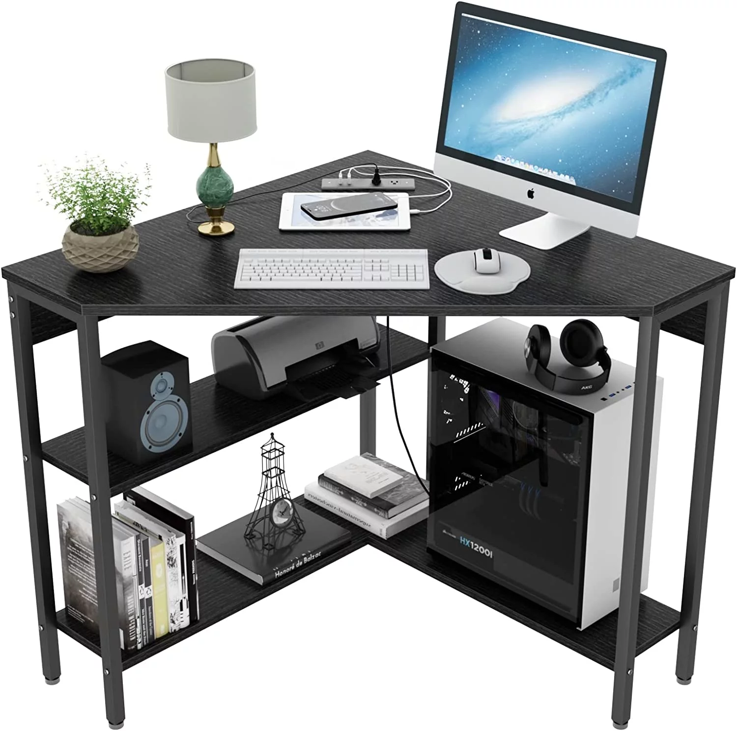 sell well Corner Desk with Outlets & USB Ports  90 Degree Triangle Corner Table with CPU Stand & Storage Shelves for Small Space  Computer Table with Charging Station for Home Off