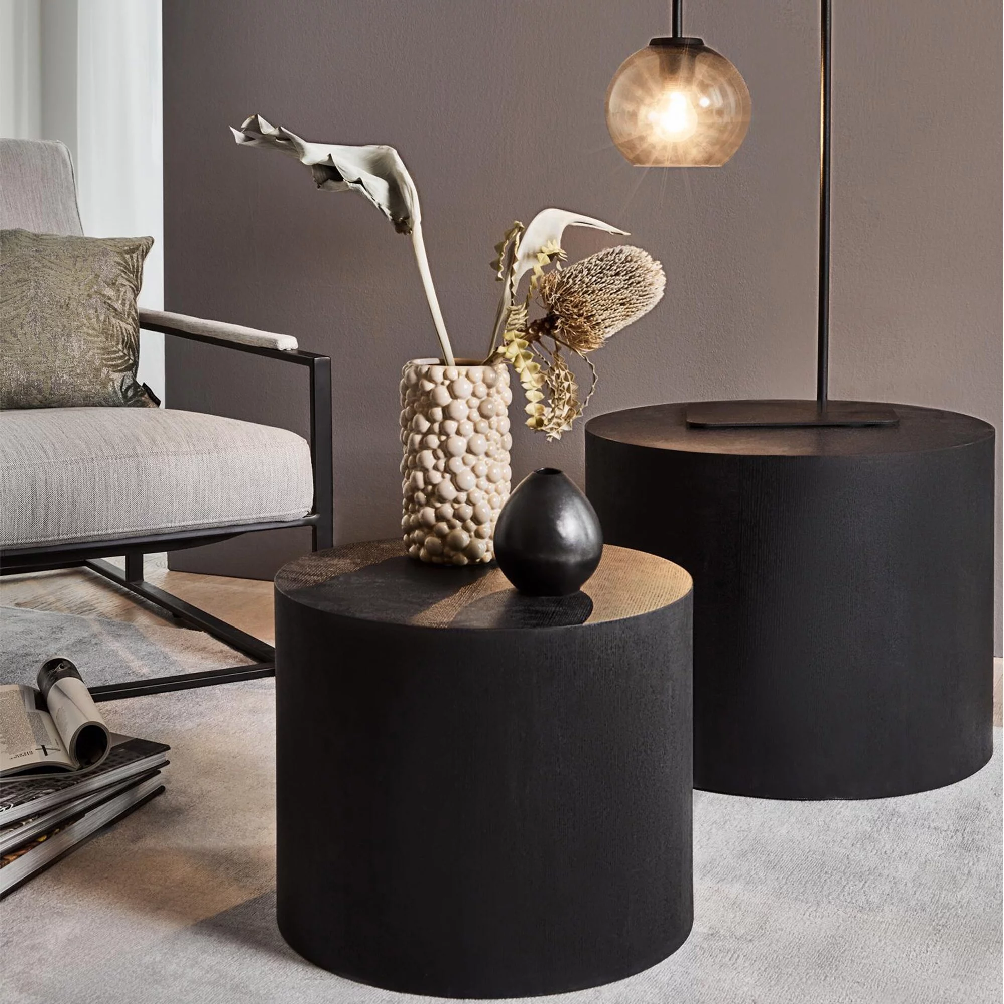 End table Modern Farmhouse Round Accent Nesting Side Coffee Table Set (Set of 2) Drum Black Rustic Oak End Tables