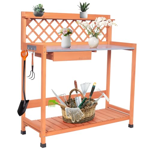Outdoor Potting Bench & Wooden Gardening Work Station Planting Table with Metal Tabletop, Drawer, Storage, and Hooks
