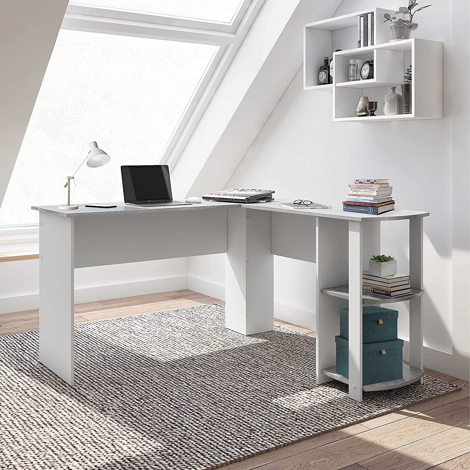 AngLink Shaped Desk - Modern Computer Desk with Corner Bookshelf & Side Storage Shelves for Home Office Accessories - Elegant, Space-Saving, & Minimalist Executive Table