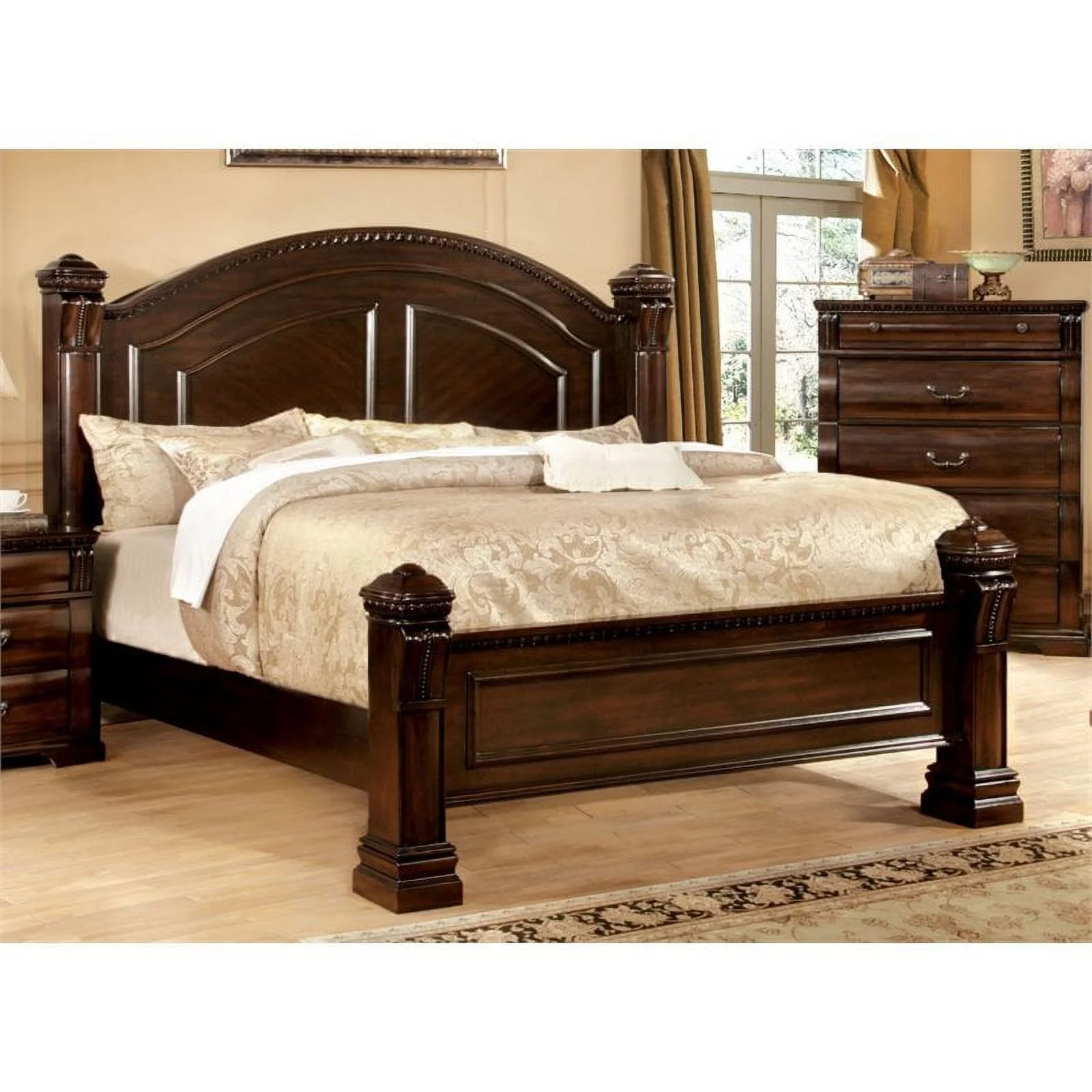 Furniture of America Oulette Transitional Wood Queen Poster Bed in Cherry